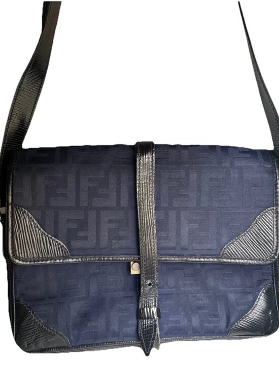 Fendi Handbags - Fendi Vintage circa 90s Navy Blue Canvas Shoulder Bag with Black Leather Trim